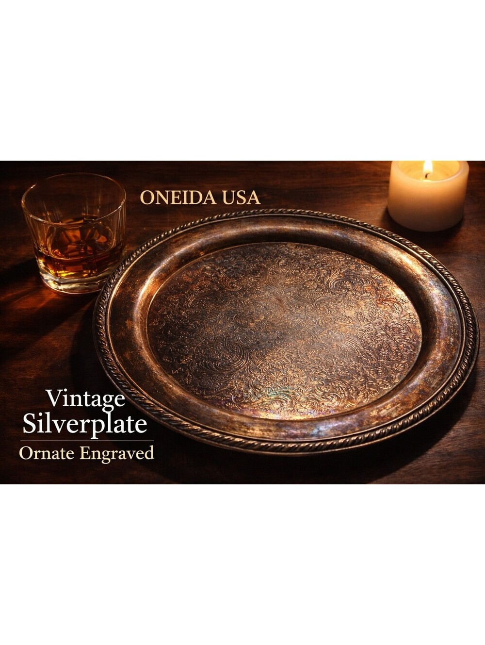 Oneida Silverplate Round Serving Tray Ornate Engraved Victorian Style